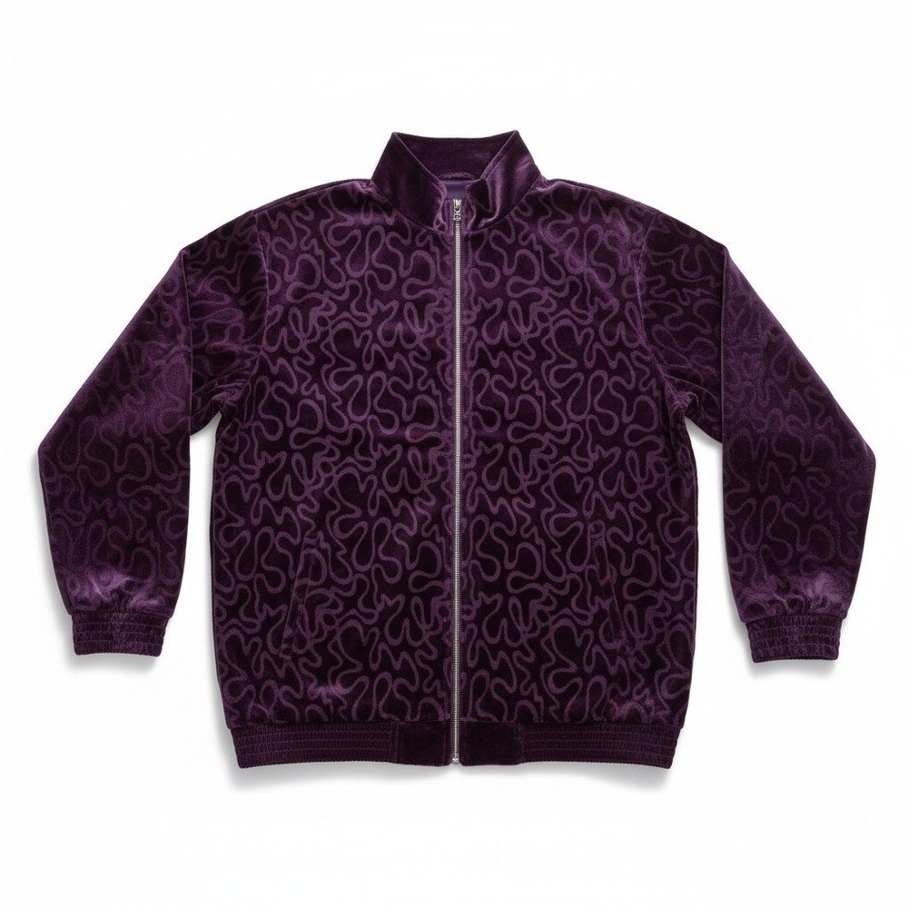 B Blast Purple Velvet Embossed Swirl Zip Up Jacket, Woman's Medium,‎ Mock Neck